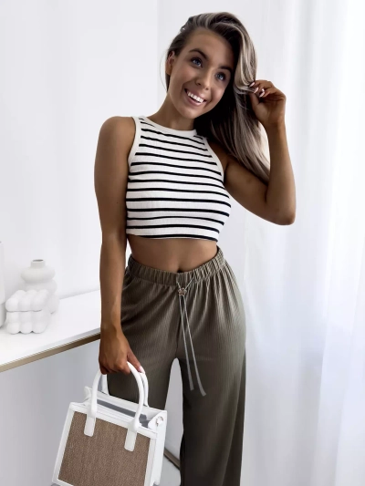 Green women's wide ribbed pants - Clothing