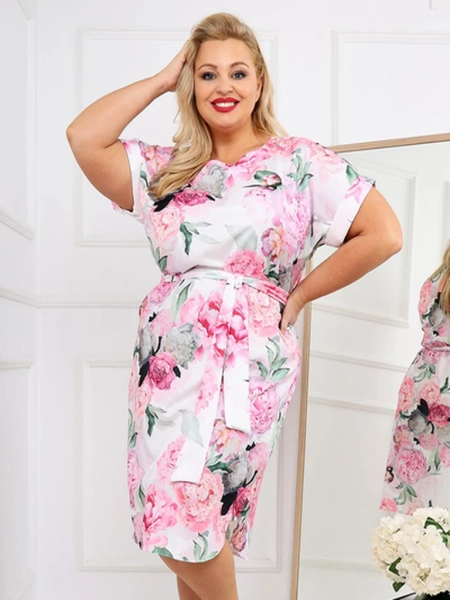 Royalfashion Sieviešu ceļgala garuma kleita ar īsām piedurknēm un rozā mezglu