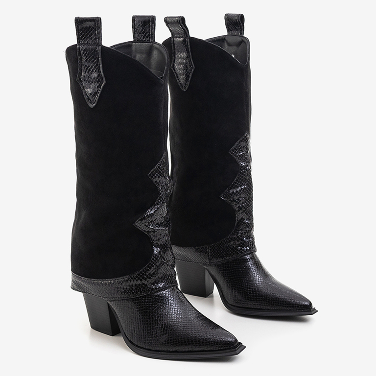 Black boots with a decorated upper a'la snake skin Wica- Footwear