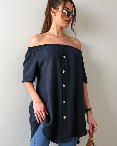 Royalfashion kokvilnas sieviešu blūze, kas iedvesmota no spāņu stila, ar dekoratīvām pogām