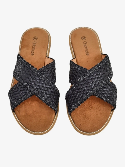 Calista Nero women's flat sandals, black braid, ecological leather