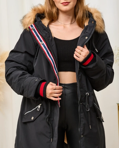 Ladies 'Black Winter Jacket with Elastic Waist - Clothing
