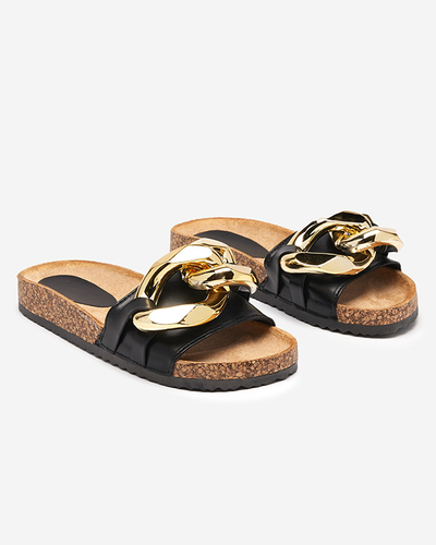 Ariadne Royalfashion summer slippers with a large gold chain, black leather