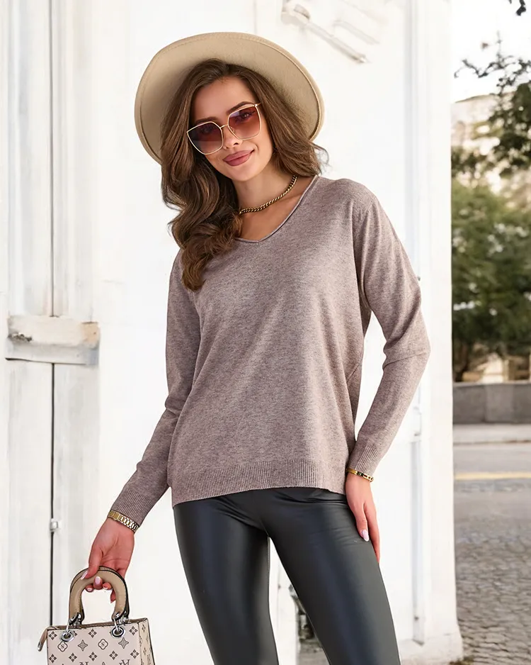 Royalfashion Brown and gray women's sweater with heart neckline