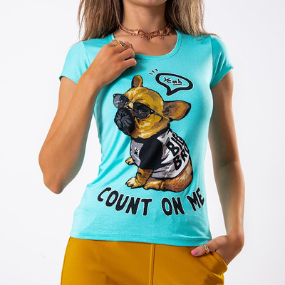 Mint women's t-shirt decorated with a doggy print - Clothing