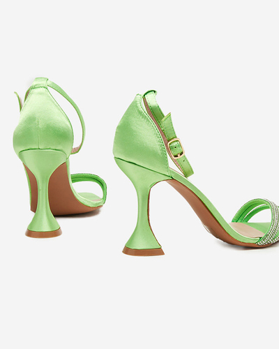 Green women's sandals on a high heel with decorative cubic zirconias Manestri - Footwear