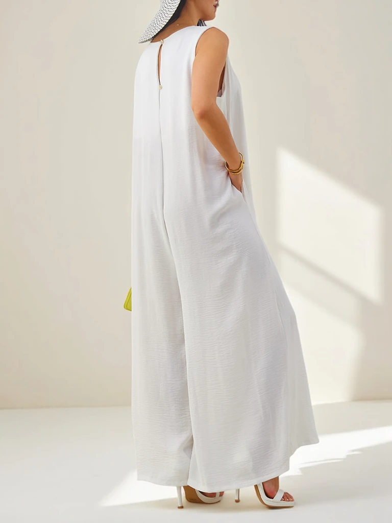 Artemisia Eleganza – biały damski kombinezon maxi z wiskozy na ramiączkach
