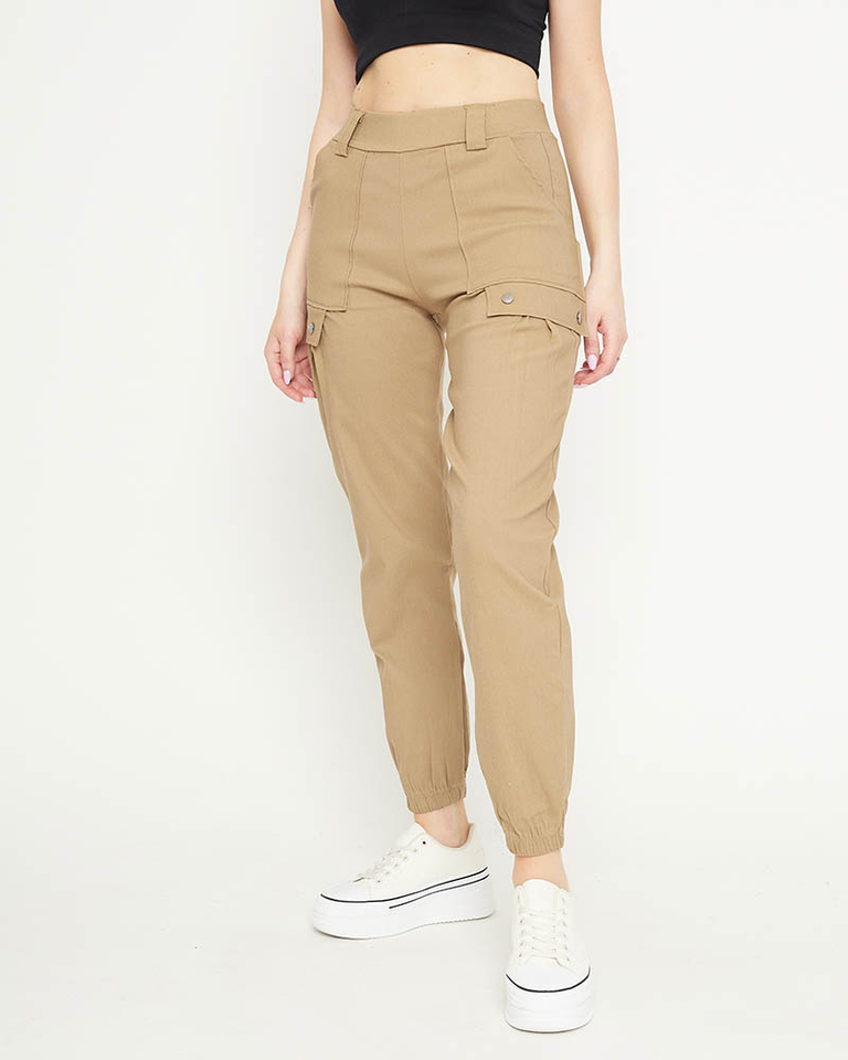 Beige women's cargo trousers with cuffs - Clothing