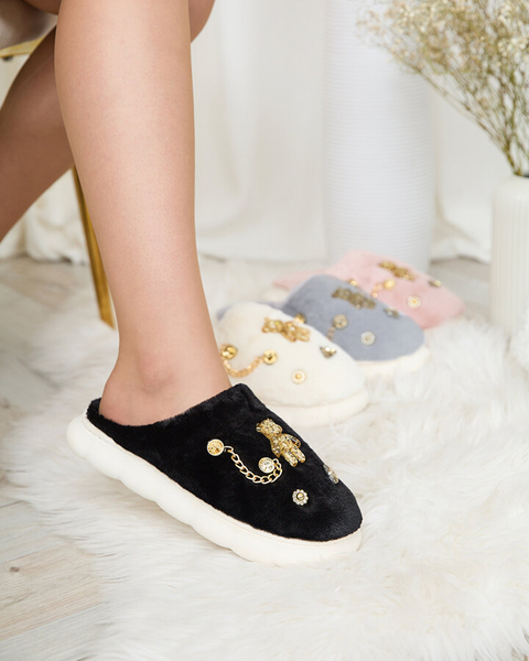 Royalfashion Black women's fur slippers with ornaments Erserra
