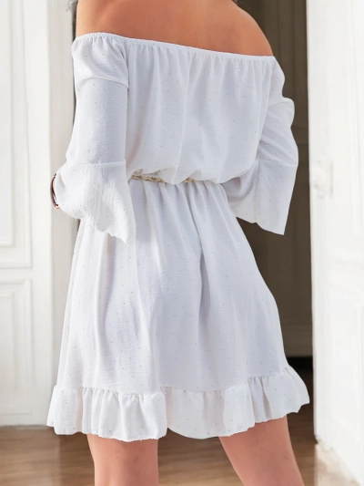 Royalfashion Sieviešu mini kleita bez pleca ar garām piedurknēm un akmeņiem