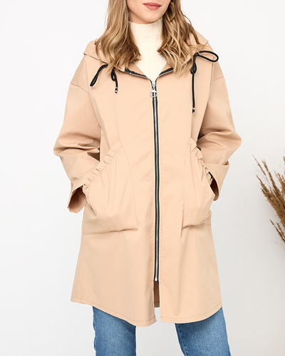 Beige women's coat jacket with hood- Clothing