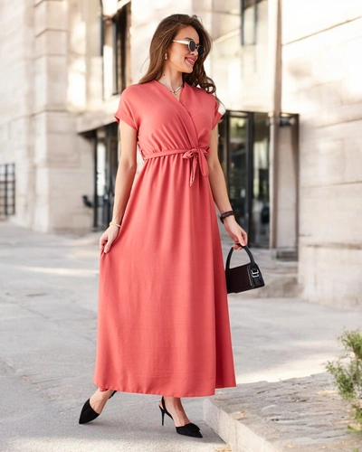 Royalfashion Women's midi dress with a wrap neckline, short sleeves, and a belt