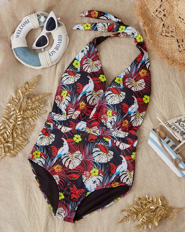 Melns un dzeltens sieviešu rakstains viendaļīgs peldkostīms - Apģērbs