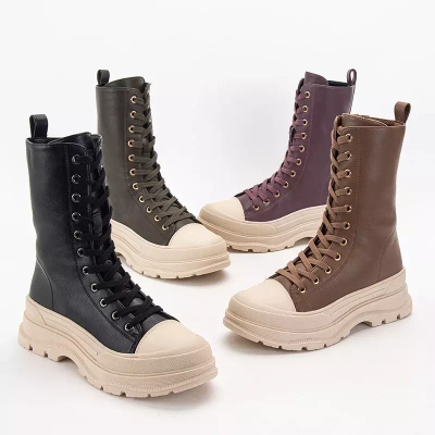 OUTLET Light brown women's high boots with flat heel Magara - Footwear