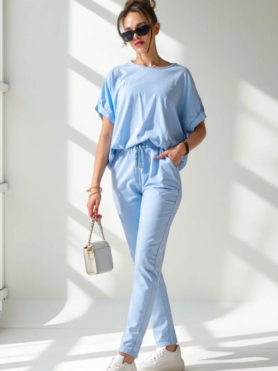 Royalfashion Sieviešu kokvilnas komplekts ar īsajām piedurknēm un taisnām biksēm