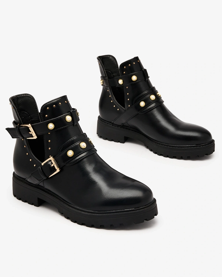 Royalfashion Черные женские украшенные сапоги на плоском каблуке Pearl Elegance