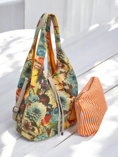 Royalfashion Large fabric bag with flowers, with a cosmetic bag and magnetic closure