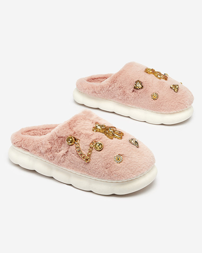 Royalfashion Pink women's fur slippers with ornaments Erserra