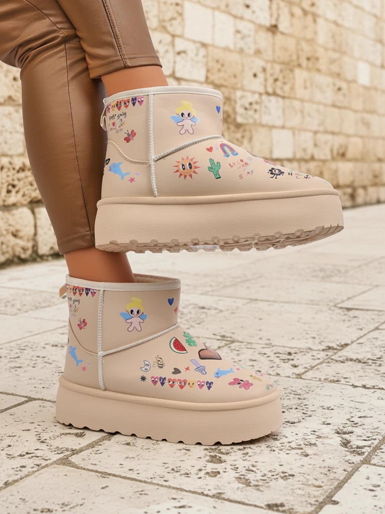 Callisto Angelico seevae fa'amafanafana ma ata a tamaiti i luga o le Beige Platform