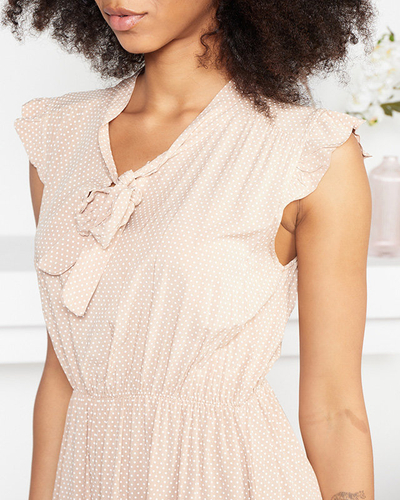 Beige women's dress in polka dots with a tied neckline - Clothing