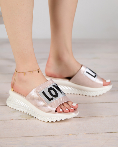 Pink shiny women's slippers with the words Sosha- Footwear