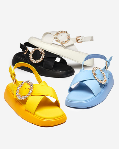 Black fabric women's sandals on a flat sole with cubic zirconia Senire - Footwear