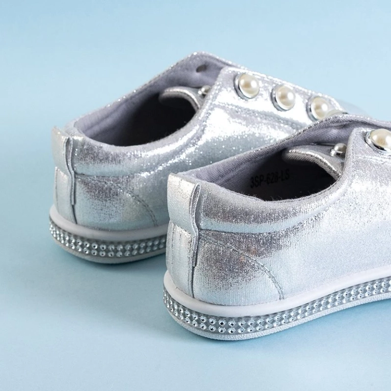 OUTLET Silver children's slip on sneakers with pearls Merena - Footwear