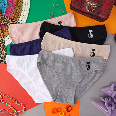 Set of cotton women's briefs with an embroidered cat - Underwear