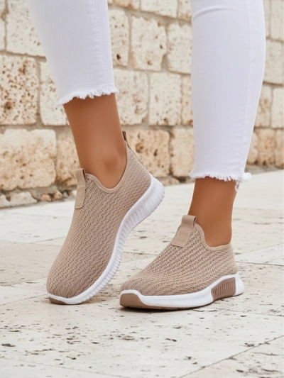 Damskie slip-ony Selene jasny brąz, tkanina, płaski obcas, komfort