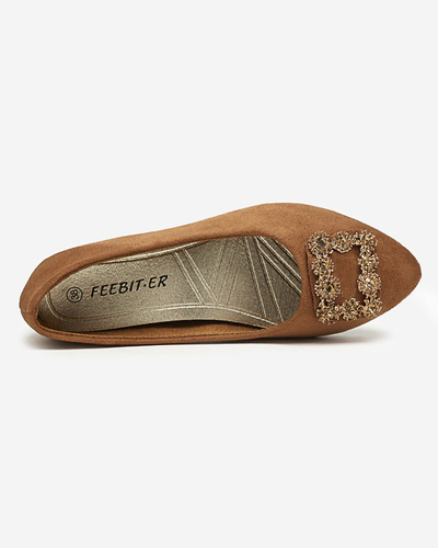 OUTLET Brown women's eco-suede ballerinas with Linselis decoration - Footwear