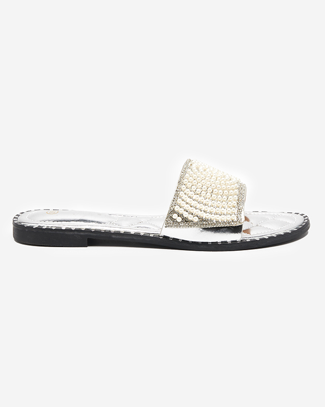 Silver women's slippers with Ahaio decorations - Footwear
