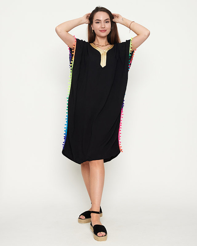 Women's black summer beach tunic with pompoms - Clothing
