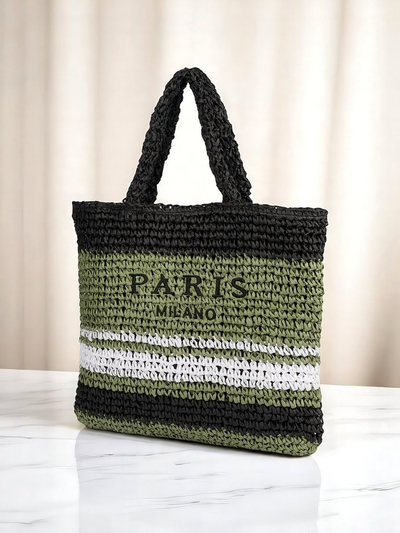 Large Parisian-striped straw women's bag