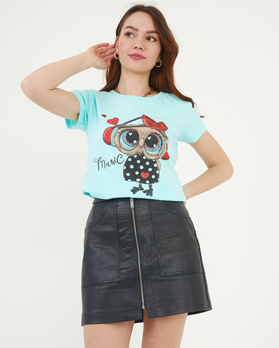 Women's mint t-shirt with an owl print - Clothing