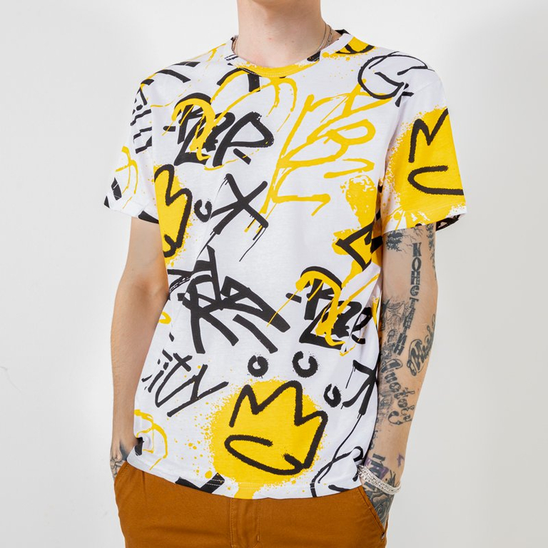 White and yellow cotton t-shirt for men with inscriptions - Clothing