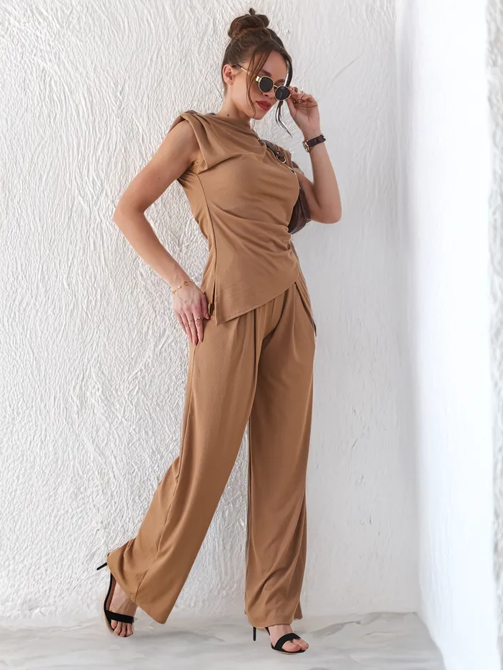 Royalfashion Women's ribbed set with an asymmetrical sleeveless blouse and flared pants