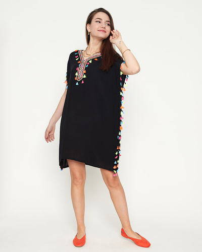 Women's black summer beach tunic with fringes - Clothing