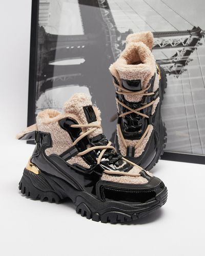 Black women's sports shoes with fur and beige laces Adbo- Footwear