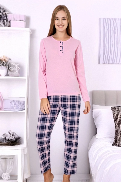 Karaliska modes kokvilnas sieviešu pijama ar rūtainiem bikšu galiem