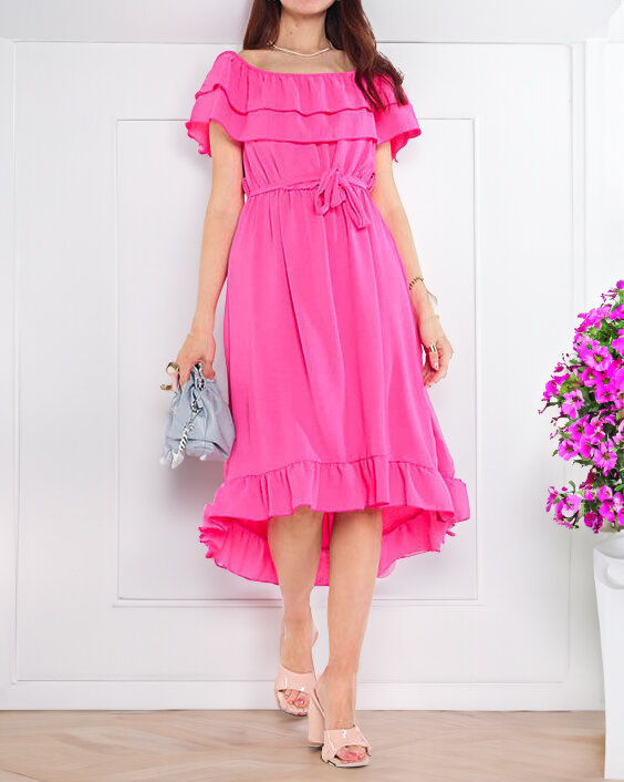 Fuchsia ladies dress with frills - Clothing