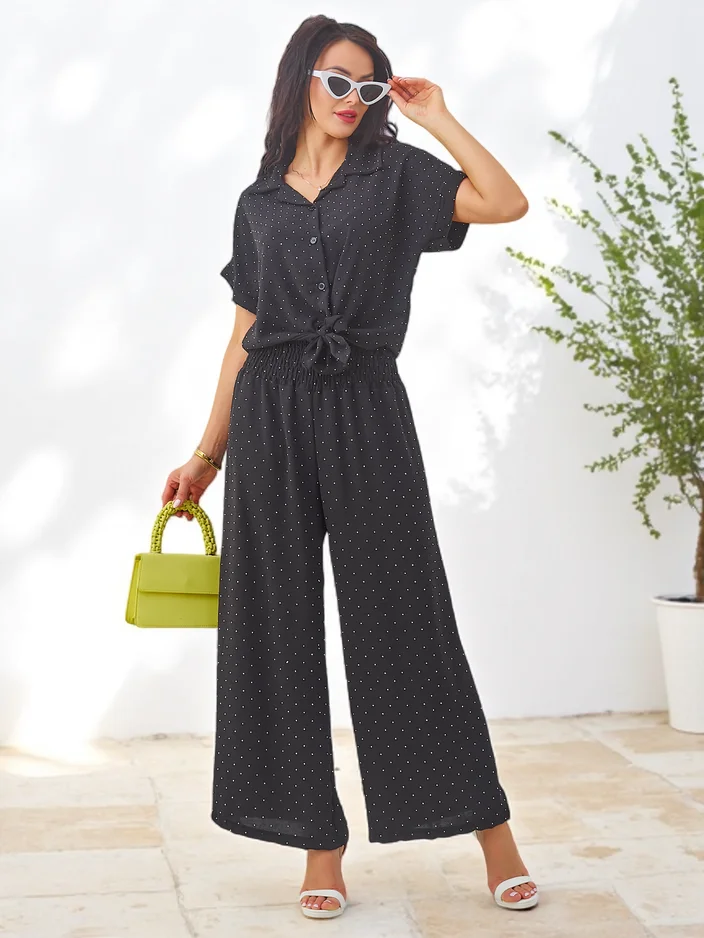 Royalfashion Women's set with a tied short-sleeve shirt and flared pants with rhinestones