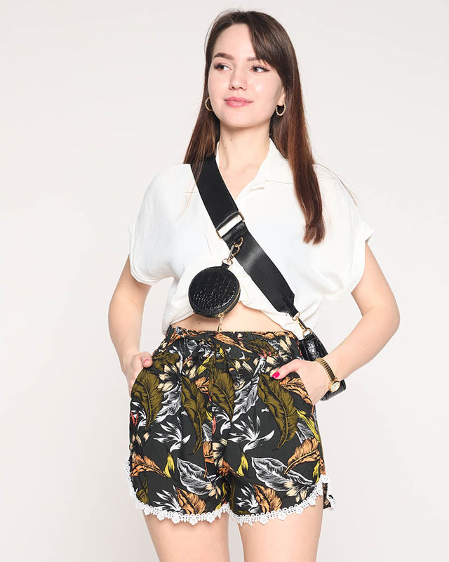 Black and orange women's shorts with a floral pattern - Clothing
