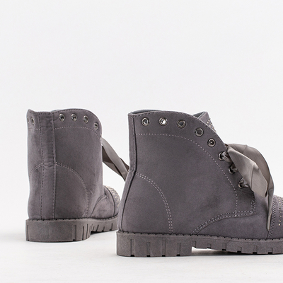 Grey women's boots with zircons laced with ribbon Segadi - Footwear