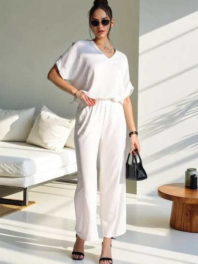 Royalfashion Women's casual set with a short-sleeve blouse and wide trousers