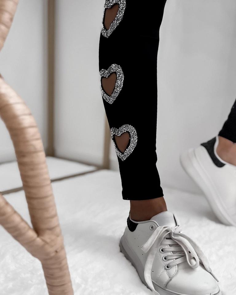 Black women's leggings with heart-shaped cutouts and zircons- Clothing