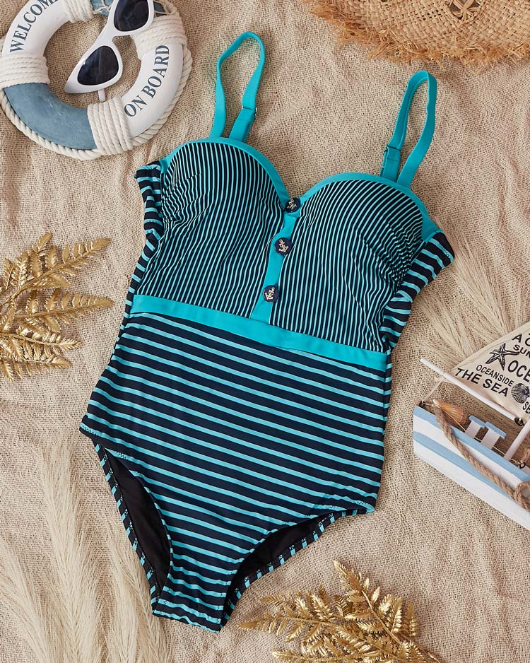Women's black one-piece swimsuit with mint stripes - Underwear