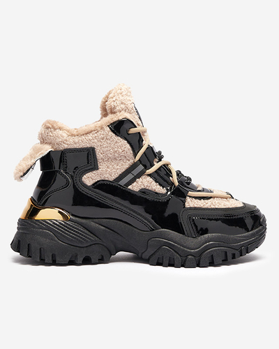 Черные женские спортивные кроссовки с мехом и бежевыми шнурками Adbo- Footwear