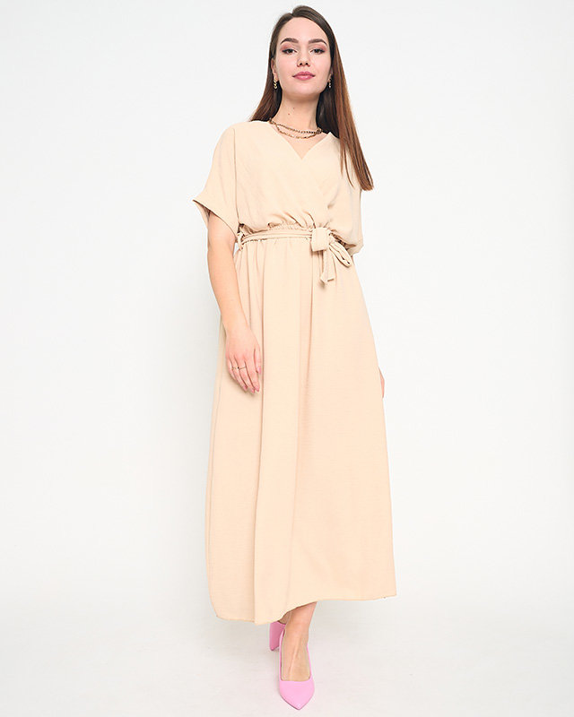 Beige women's simple dress with envelope neckline - Clothing