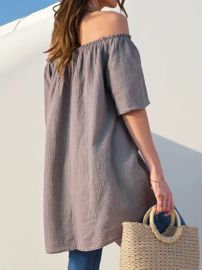 Royalfashion Women's cotton blouse a'la off-the-shoulder with decorative buttons