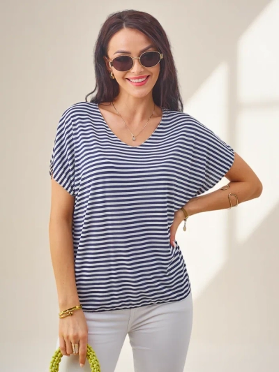 Royalfashion Women's viscose blouse with stripes, short sleeves, and glitter finish